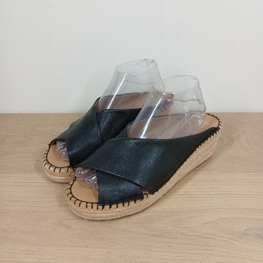 Franco Sarto Polina Sandals 9 Womens Black Leather Crisscross Espadrille Wedge